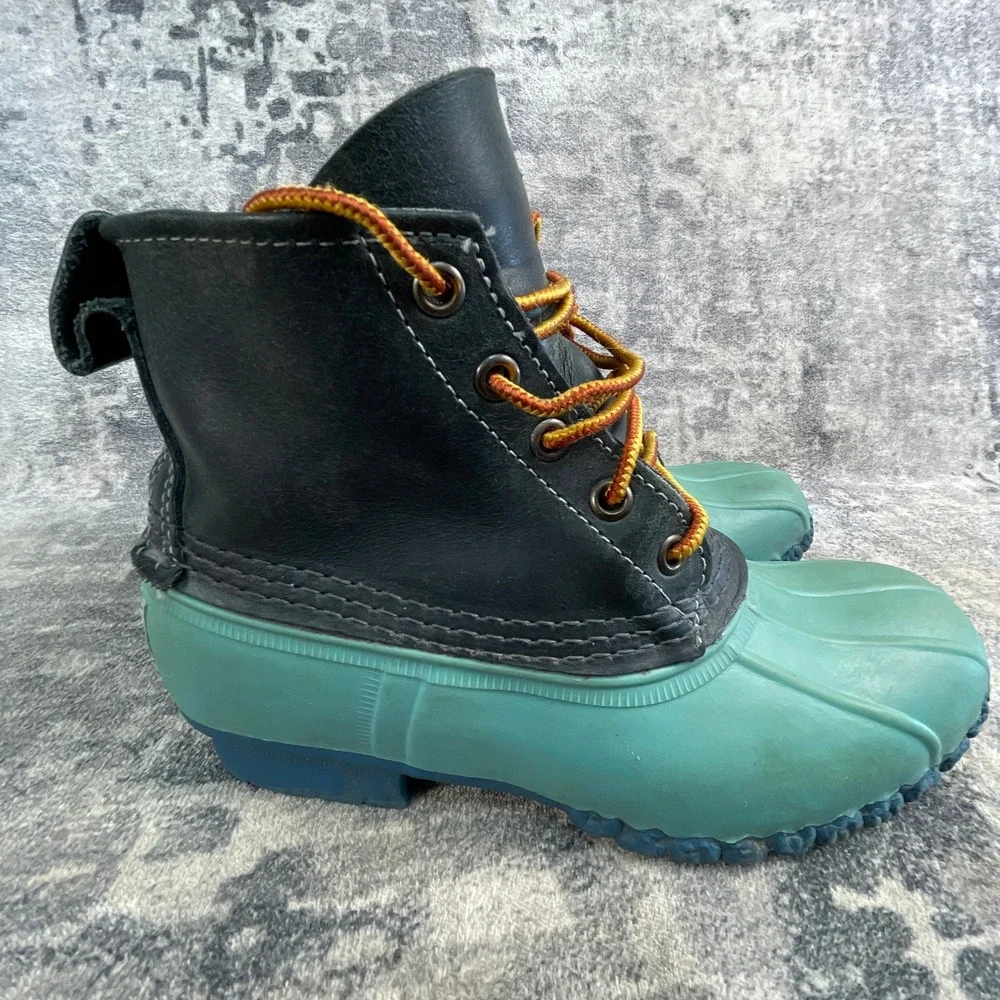 LL Bean Youth 3 M Duck Boots Teal Green Blue Leather Rubber Rain Boots USA Made